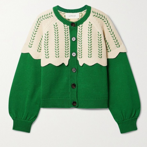 THE GREAT. Sweaters - THE GREAT.
The Scallop Two-Tone Embroidered Cotton-
Blend Cardigan
